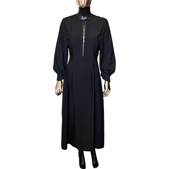 Mango MNG Black Tencel Midi Dress Zip Front Long Sleeve NWT - Picture 2 of 13